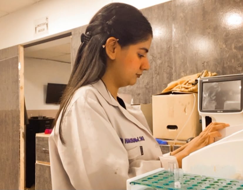 Veterinary technician analyzing blood samples in the lab